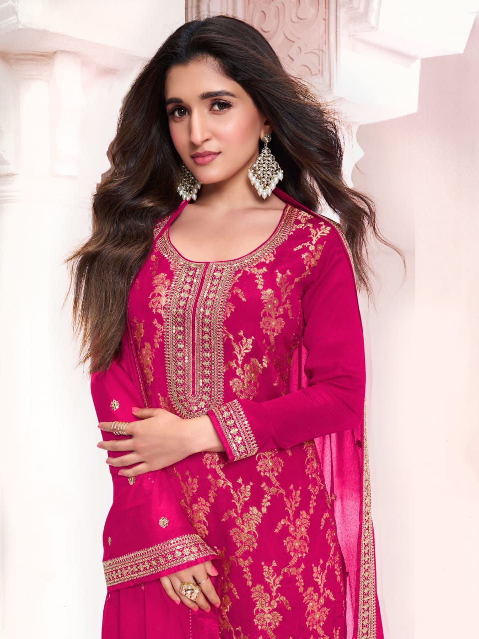 Anaita Rani Pink Dola Silk Thread Sequence Embroidered Salwar Suit | Grocsy