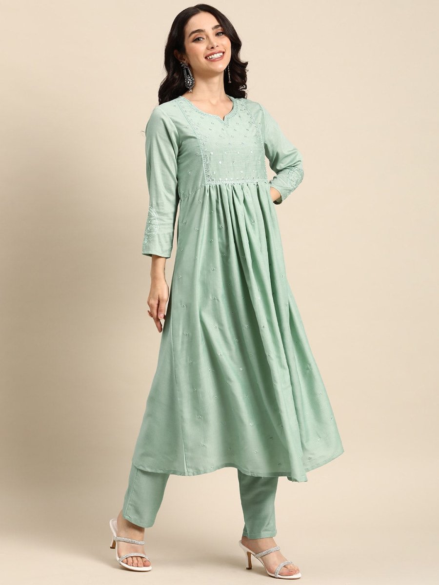 All About You Ethnic Motifs Embroidered Mirror Work Kurta With Trousers | Grocsy