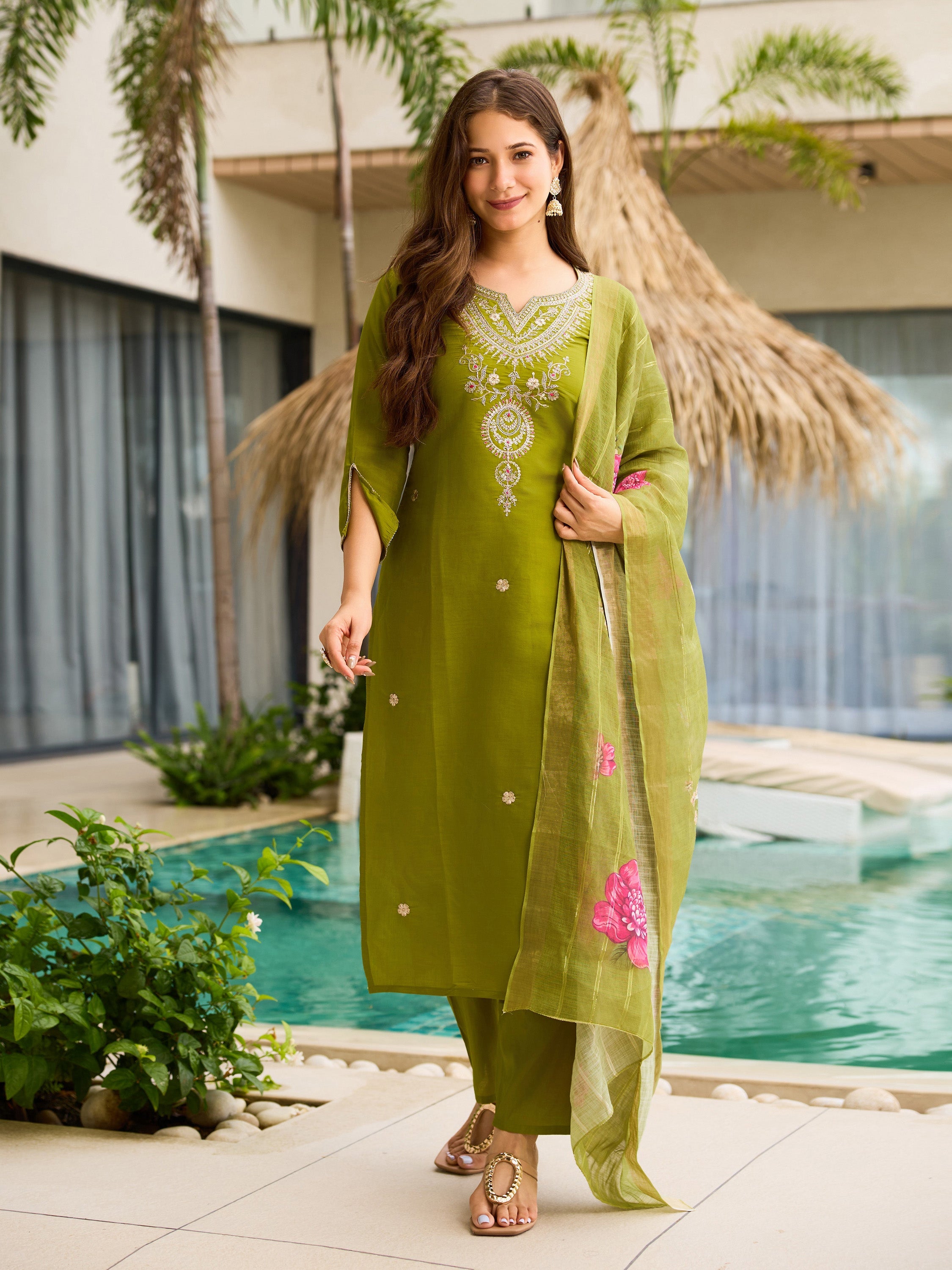 The52 Women's Viscose Embroidery work Straight Kurta with Pant and Dupatta Set | Grocsy