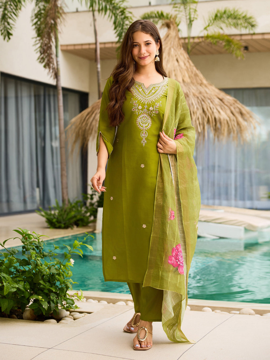 The52 Women's Viscose Embroidery work Straight Kurta with Pant and Dupatta Set | Grocsy