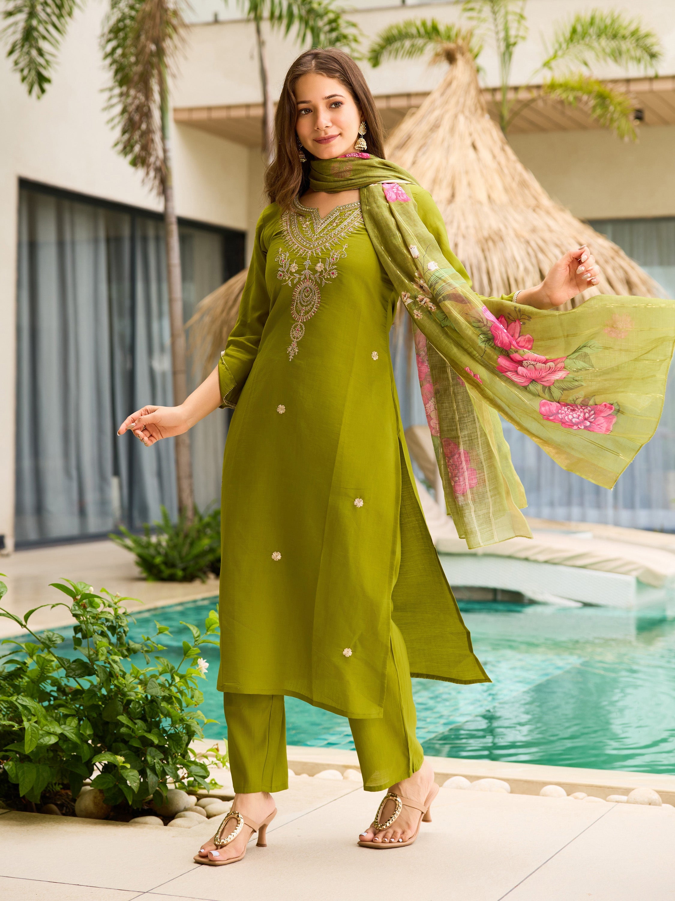 The52 Women's Viscose Embroidery work Straight Kurta with Pant and Dupatta Set | Grocsy