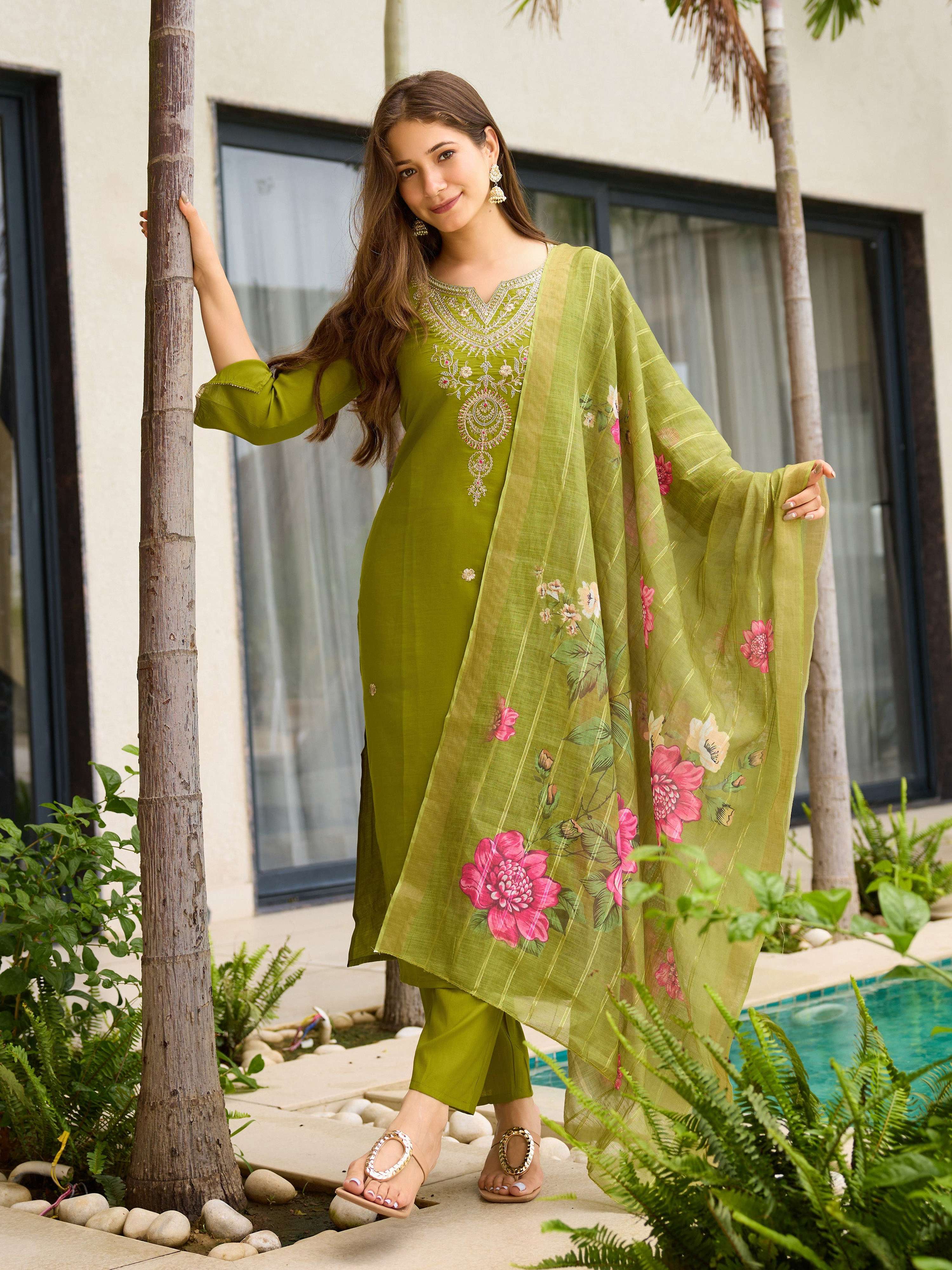 The52 Women's Viscose Embroidery work Straight Kurta with Pant and Dupatta Set | Grocsy
