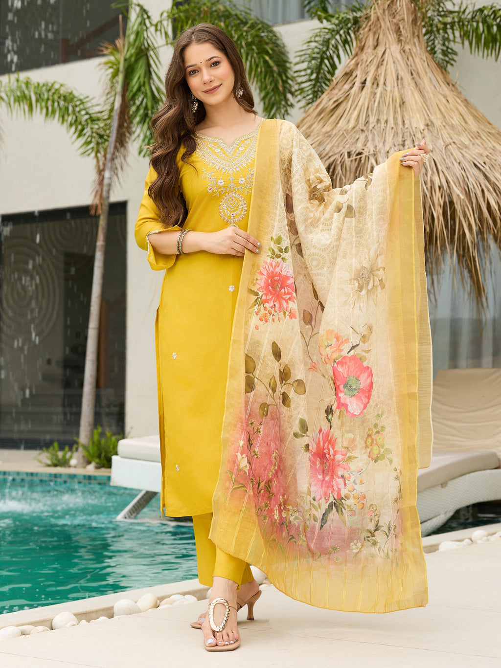 The52 Women's Viscose Embroidery work Straight Kurta with Pant and Dupatta Set | Grocsy