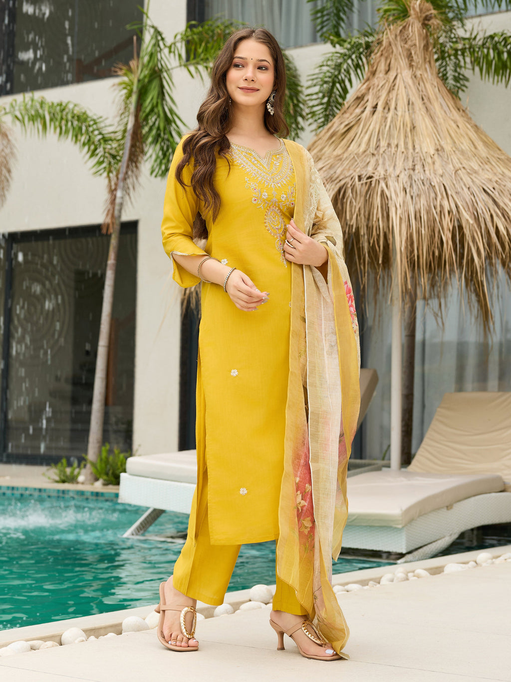 The52 Women's Viscose Embroidery work Straight Kurta with Pant and Dupatta Set | Grocsy