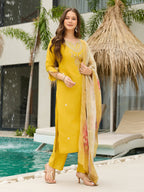The52 Women's Viscose Embroidery work Straight Kurta with Pant and Dupatta Set | Grocsy