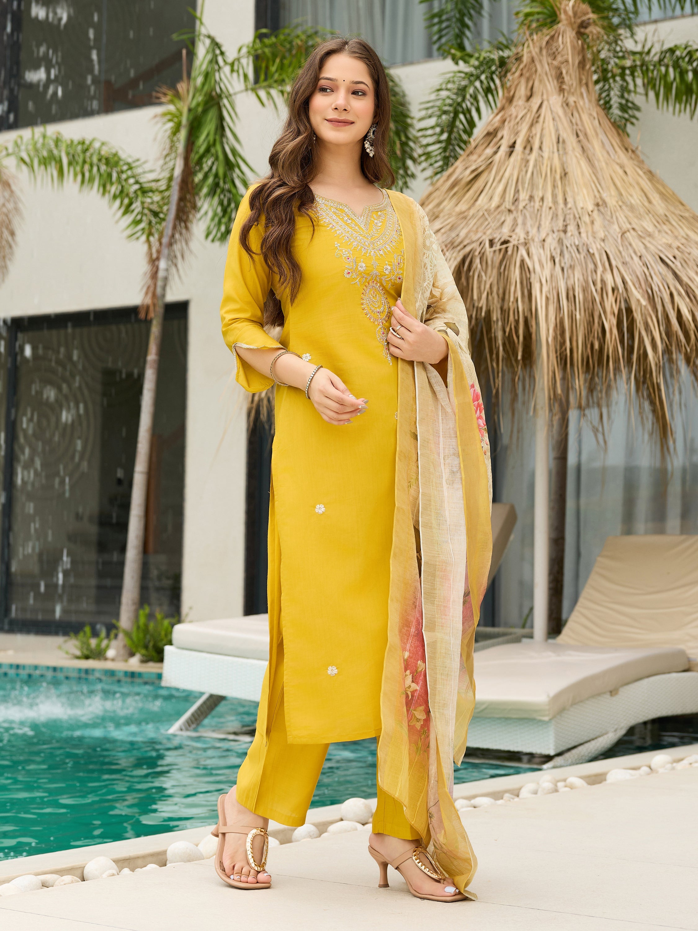 The52 Women's Viscose Embroidery work Straight Kurta with Pant and Dupatta Set | Grocsy
