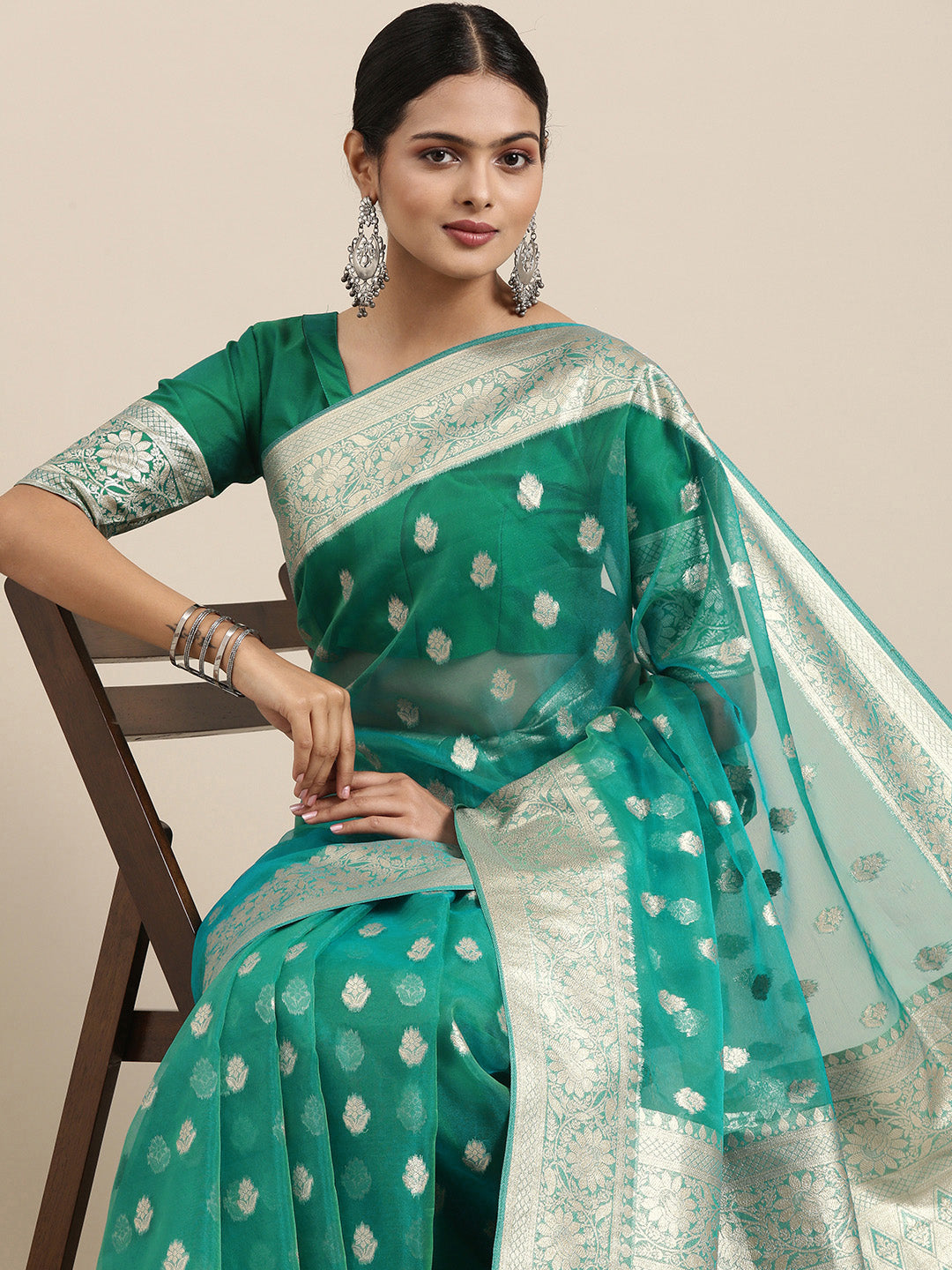 Saree Mall Green Ethnic Motifs Zari Organza Banarasi Saree | Grocsy