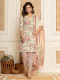 Yufta Cream Floral Print Cotton Straight Style Kurta And Dhoti Pants With Dupatta Set | Grocsy