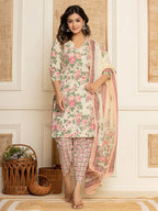 Yufta Cream Floral Print Cotton Straight Style Kurta And Dhoti Pants With Dupatta Set | Grocsy