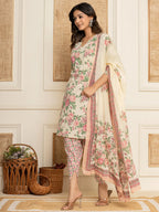 Yufta Cream Floral Print Cotton Straight Style Kurta And Dhoti Pants With Dupatta Set | Grocsy