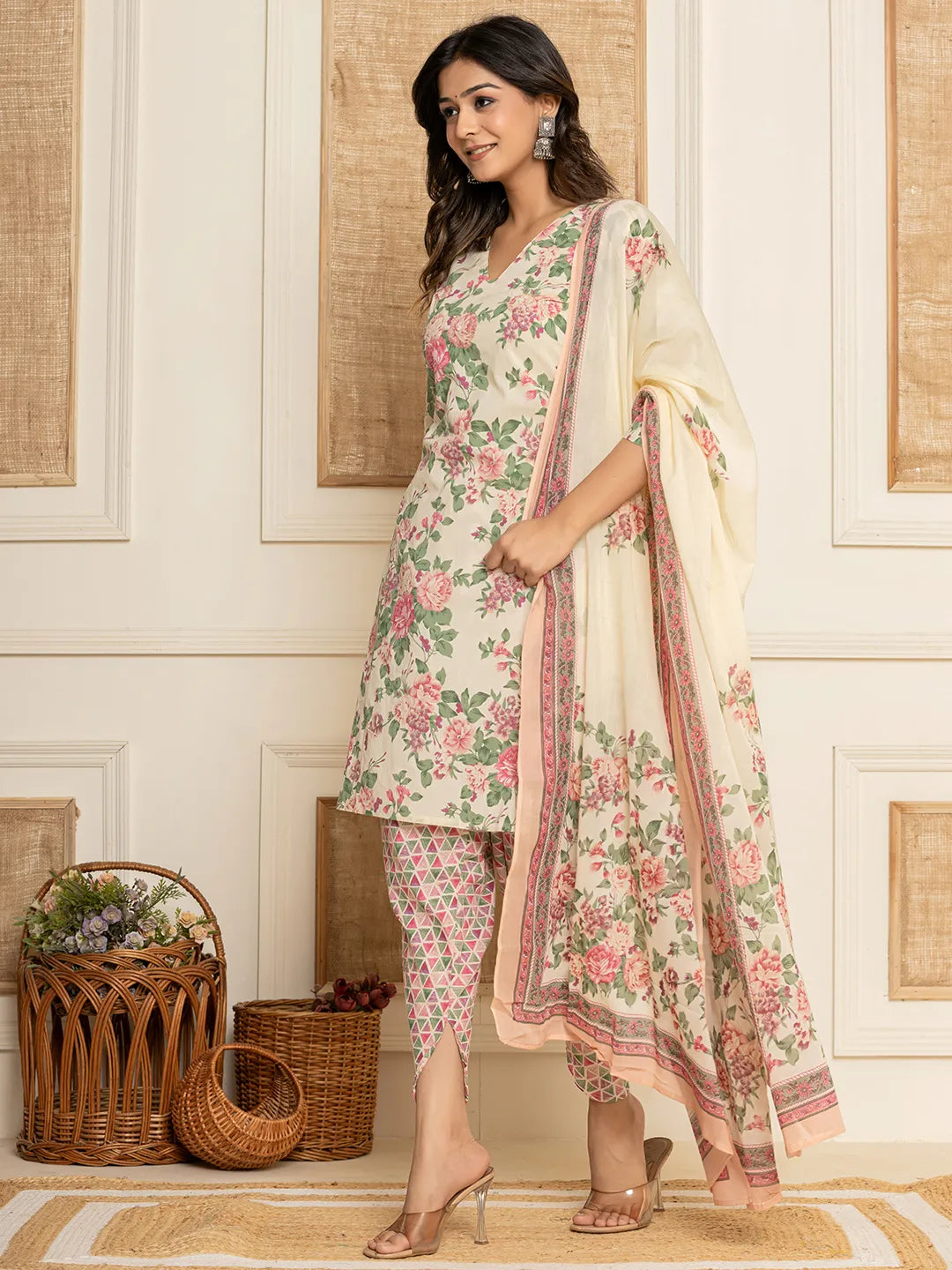 Yufta Cream Floral Print Cotton Straight Style Kurta And Dhoti Pants With Dupatta Set | Grocsy