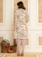 Yufta Cream Floral Print Cotton Straight Style Kurta And Dhoti Pants With Dupatta Set | Grocsy