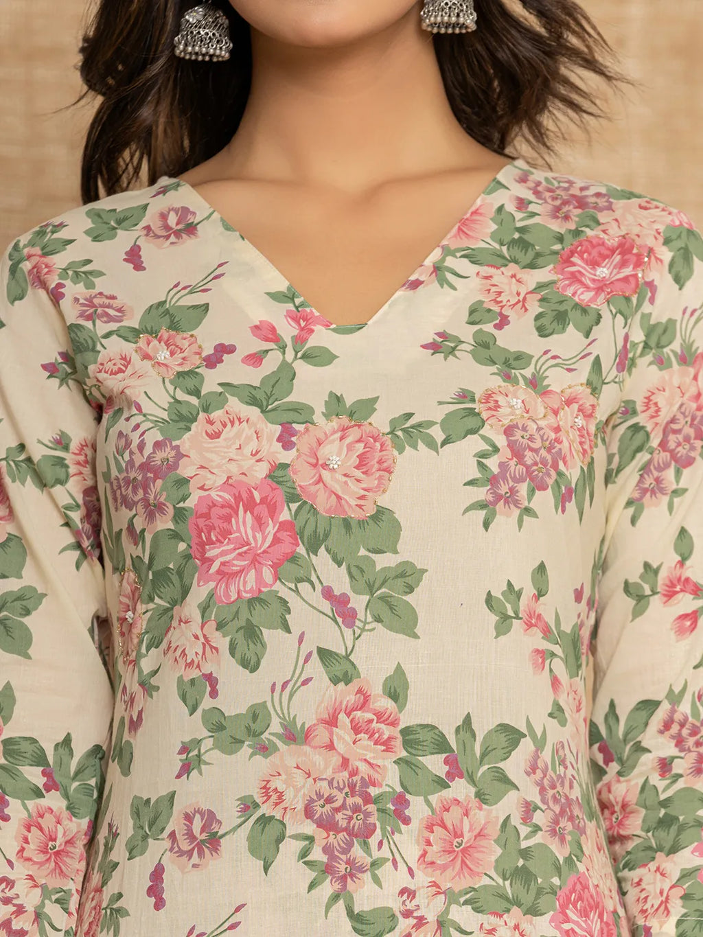 Yufta Cream Floral Print Cotton Straight Style Kurta And Dhoti Pants With Dupatta Set | Grocsy