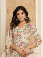 Yufta Cream Floral Print Cotton Straight Style Kurta And Dhoti Pants With Dupatta Set | Grocsy
