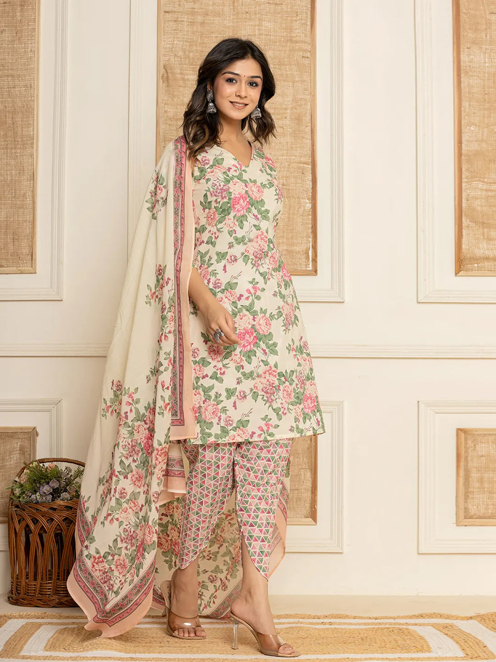 Yufta Cream Floral Print Cotton Straight Style Kurta And Dhoti Pants With Dupatta Set | Grocsy