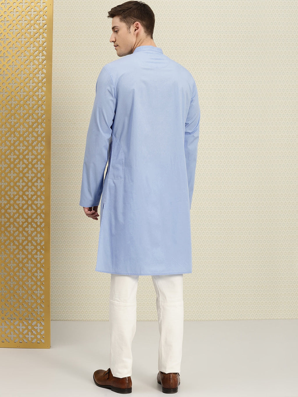 House of Pataudi Men Blue Solid Straight Kurta | Grocsy
