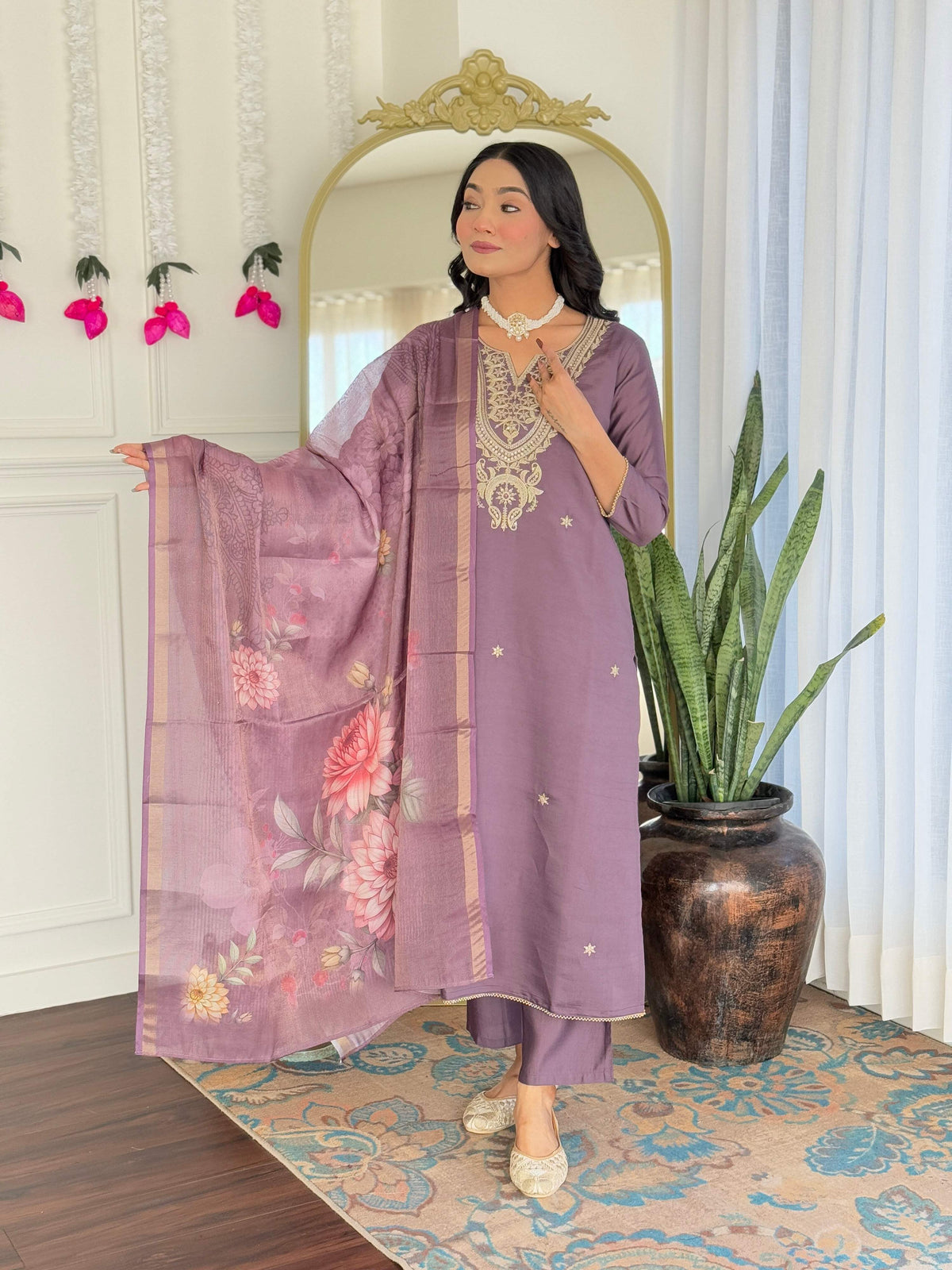 The52 Women's Gorgeous Viscose Embroidery work Straight Kurta with Pant and Dupatta Set | Grocsy