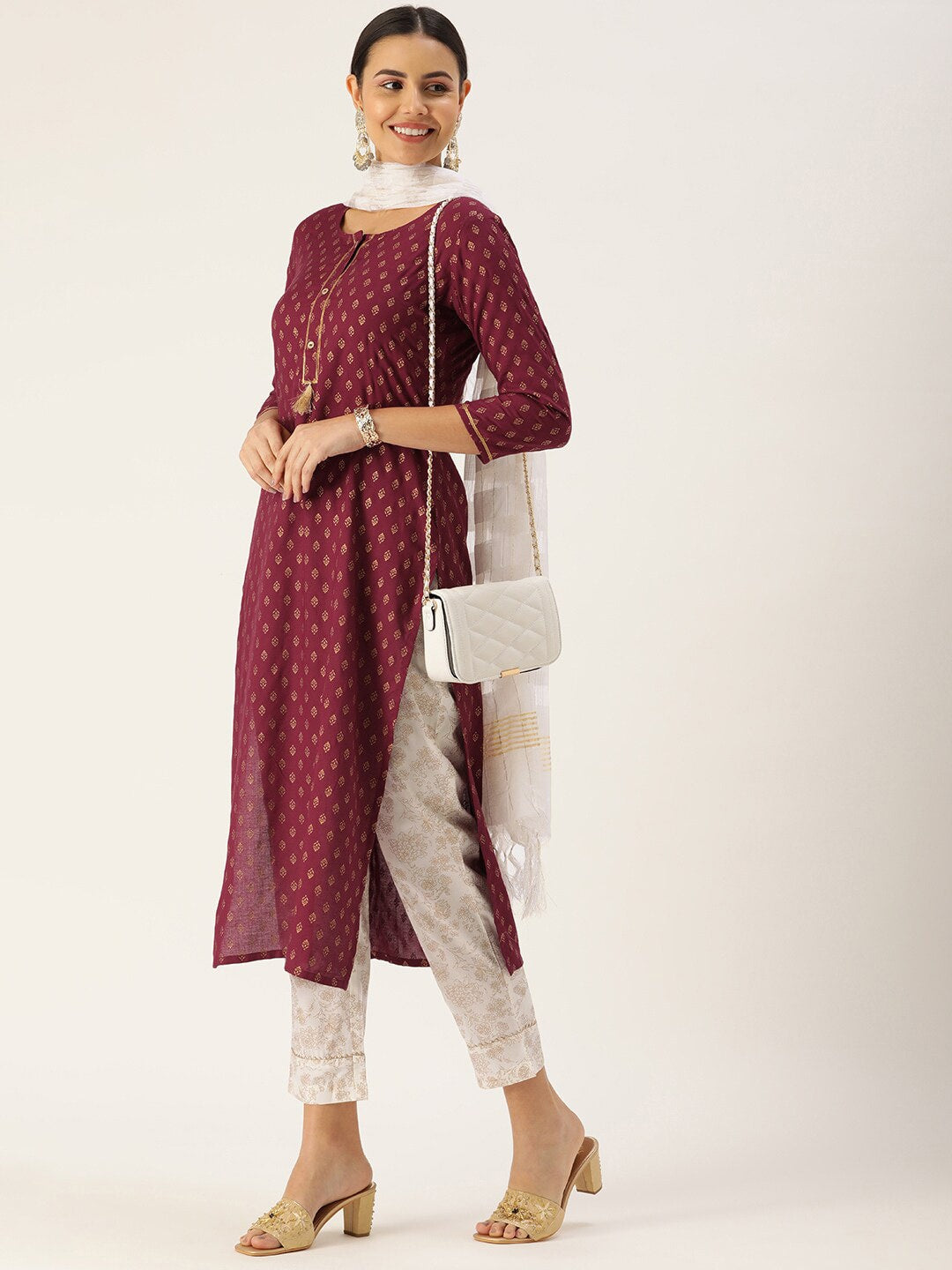 HERE&NOW Women Maroon Ethnic Printed Kurta with Trousers & With Dupatta | Grocsy