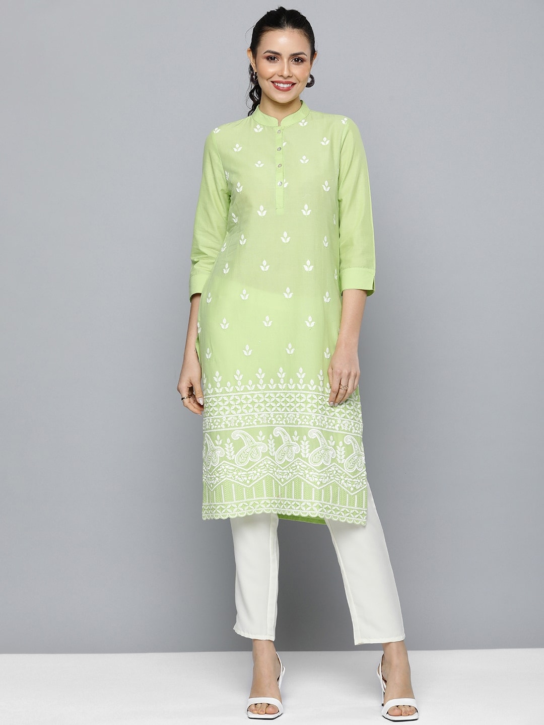 HERE&NOW Women Pure Cotton Ethnic Motifs Embroidered Thread Work Kurta | Grocsy