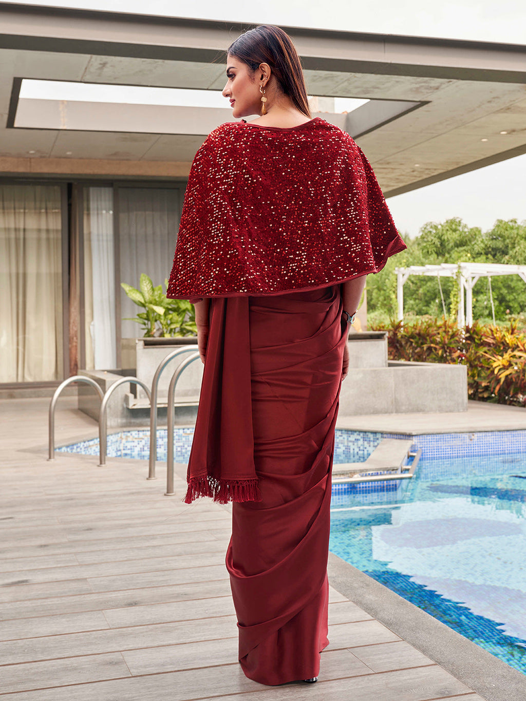Tikhi Imli Party Satin Saree With Sequined Cape | Grocsy