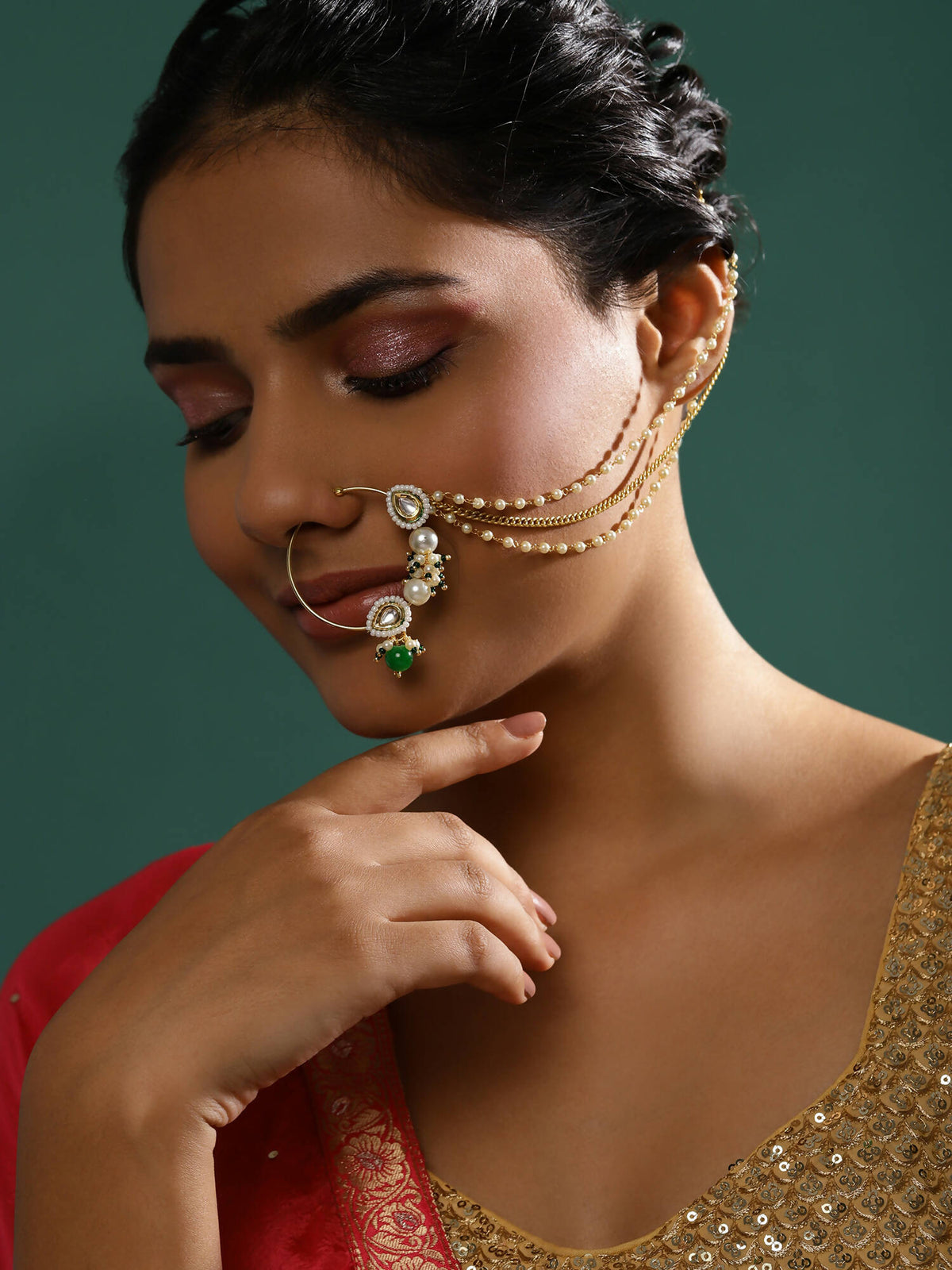 Gold-Polished White Green Kundan-Studded Pearl Beaded Nosepin - Ruby Raang | Grocsy