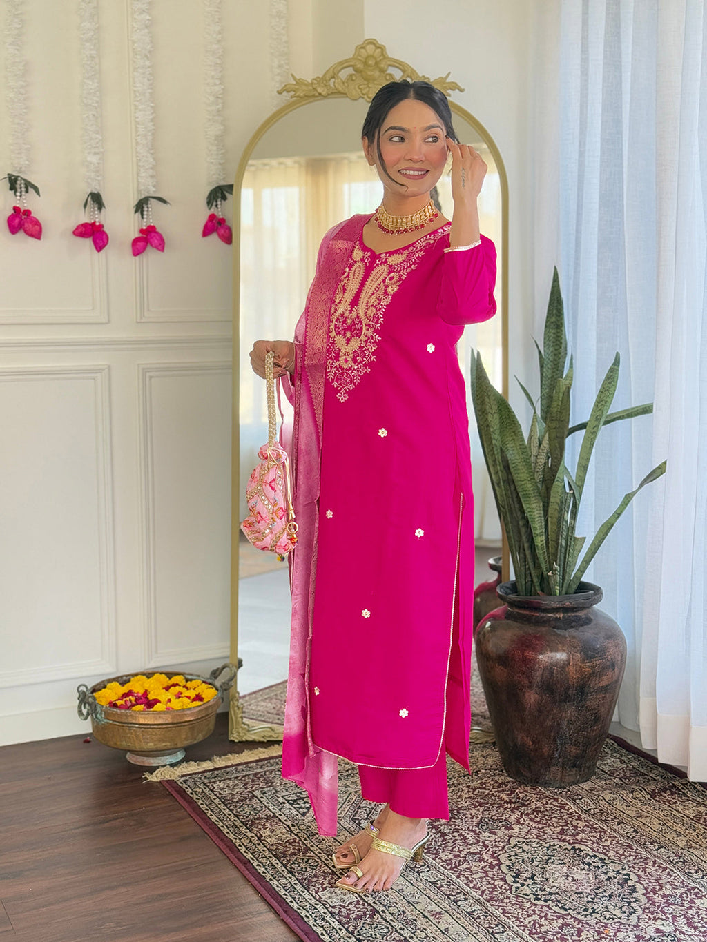 The52 Women's Gorgeous Viscose Embroidery work Straight Kurta with Pant and Dupatta Set | Grocsy