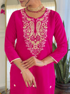 The52 Women's Gorgeous Viscose Embroidery work Straight Kurta with Pant and Dupatta Set | Grocsy