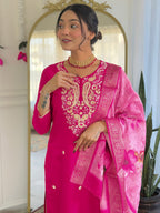 The52 Women's Gorgeous Viscose Embroidery work Straight Kurta with Pant and Dupatta Set | Grocsy