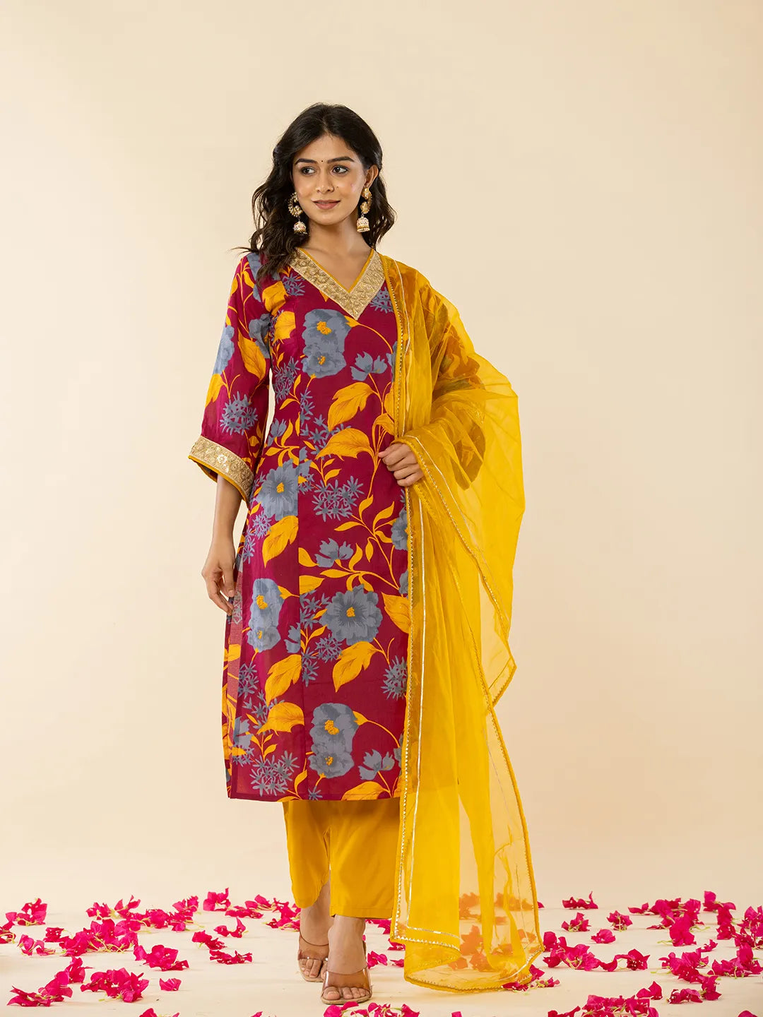 Yufta Cotton Burgundy Kurta Pant Dupatta Set | Grocsy