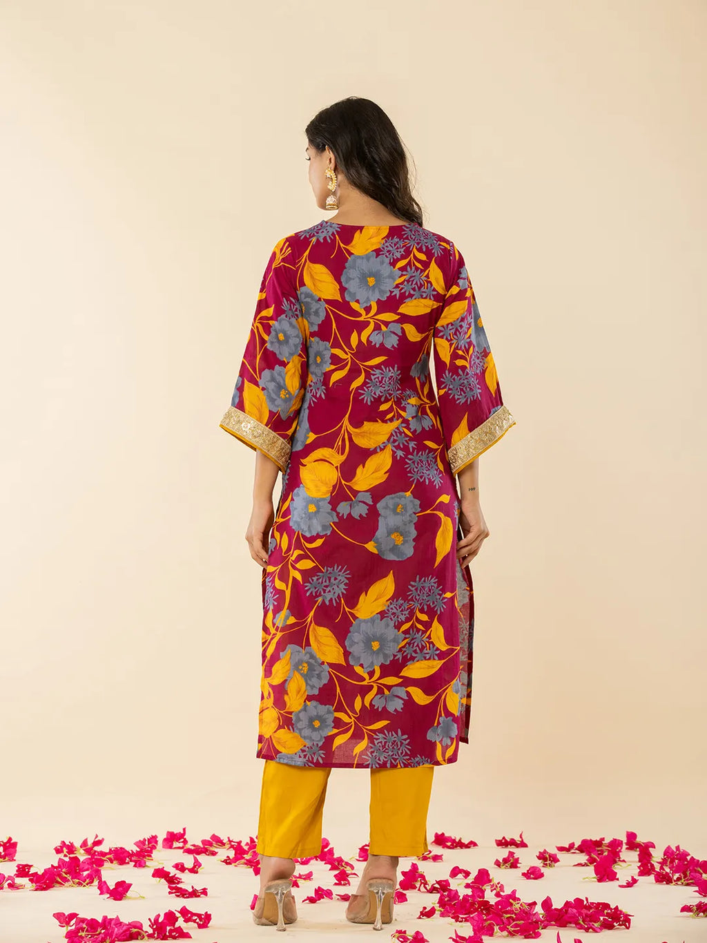 Yufta Cotton Burgundy Kurta Pant Dupatta Set | Grocsy