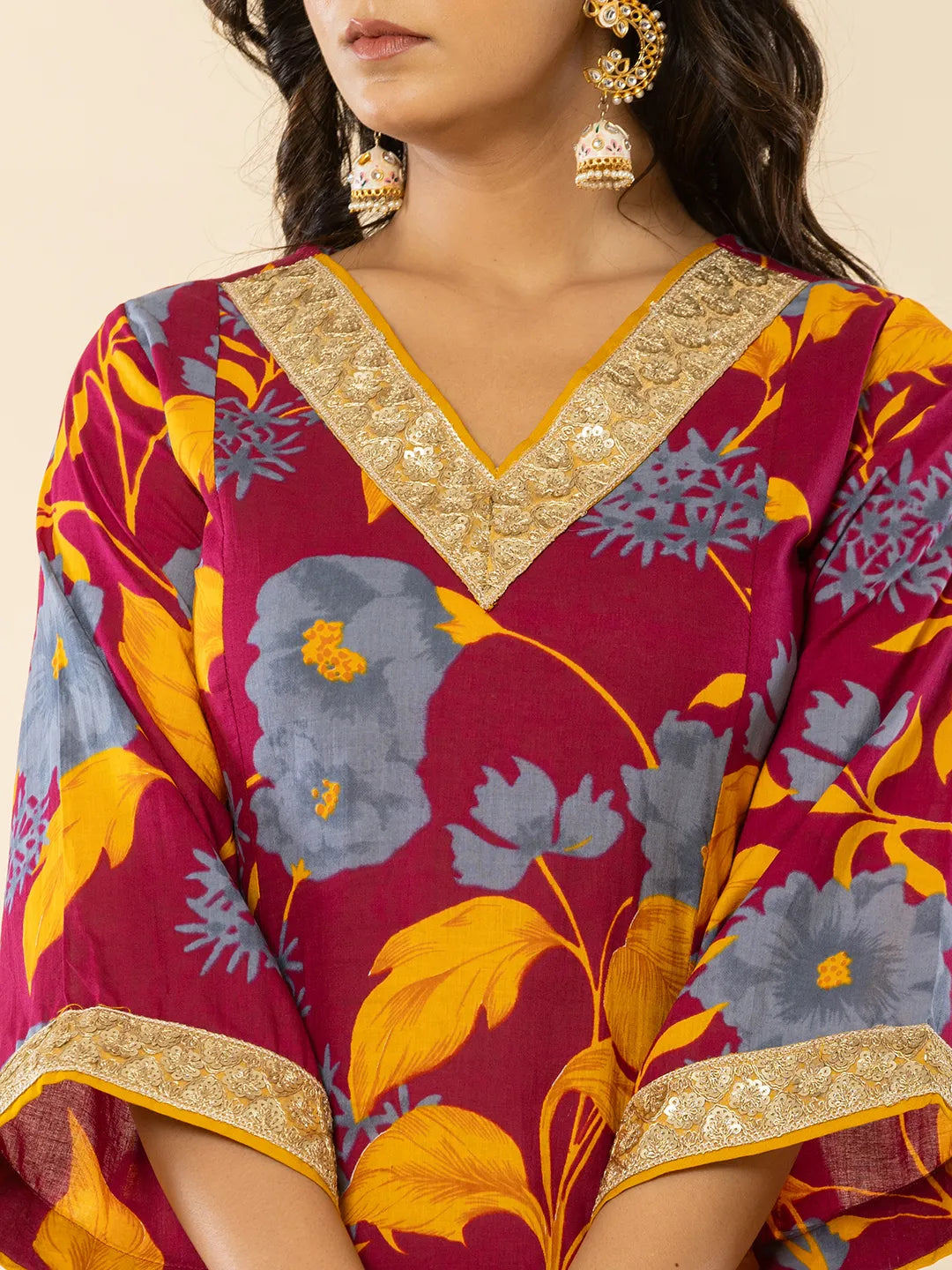 Yufta Cotton Burgundy Kurta Pant Dupatta Set | Grocsy