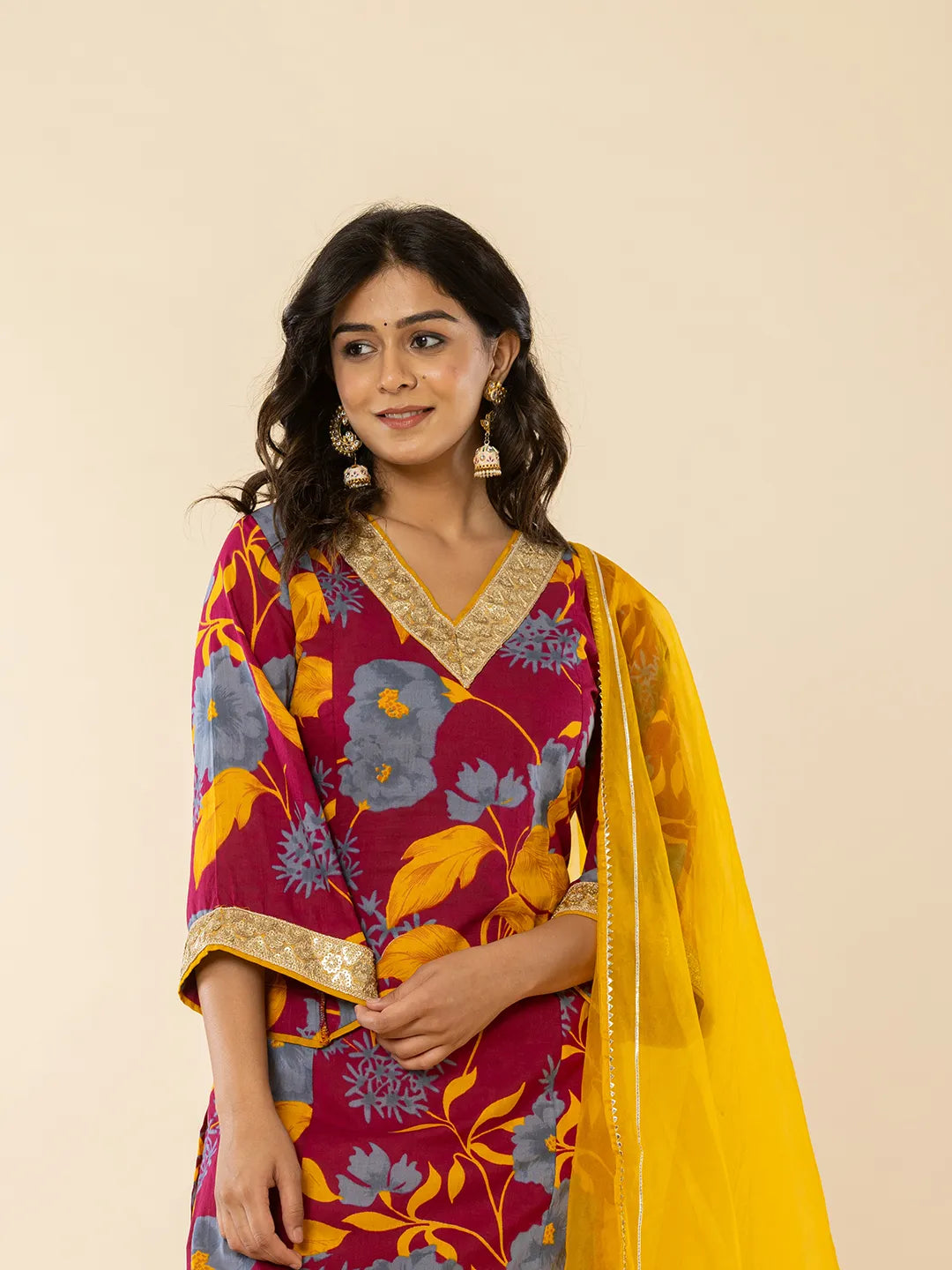 Yufta Cotton Burgundy Kurta Pant Dupatta Set | Grocsy