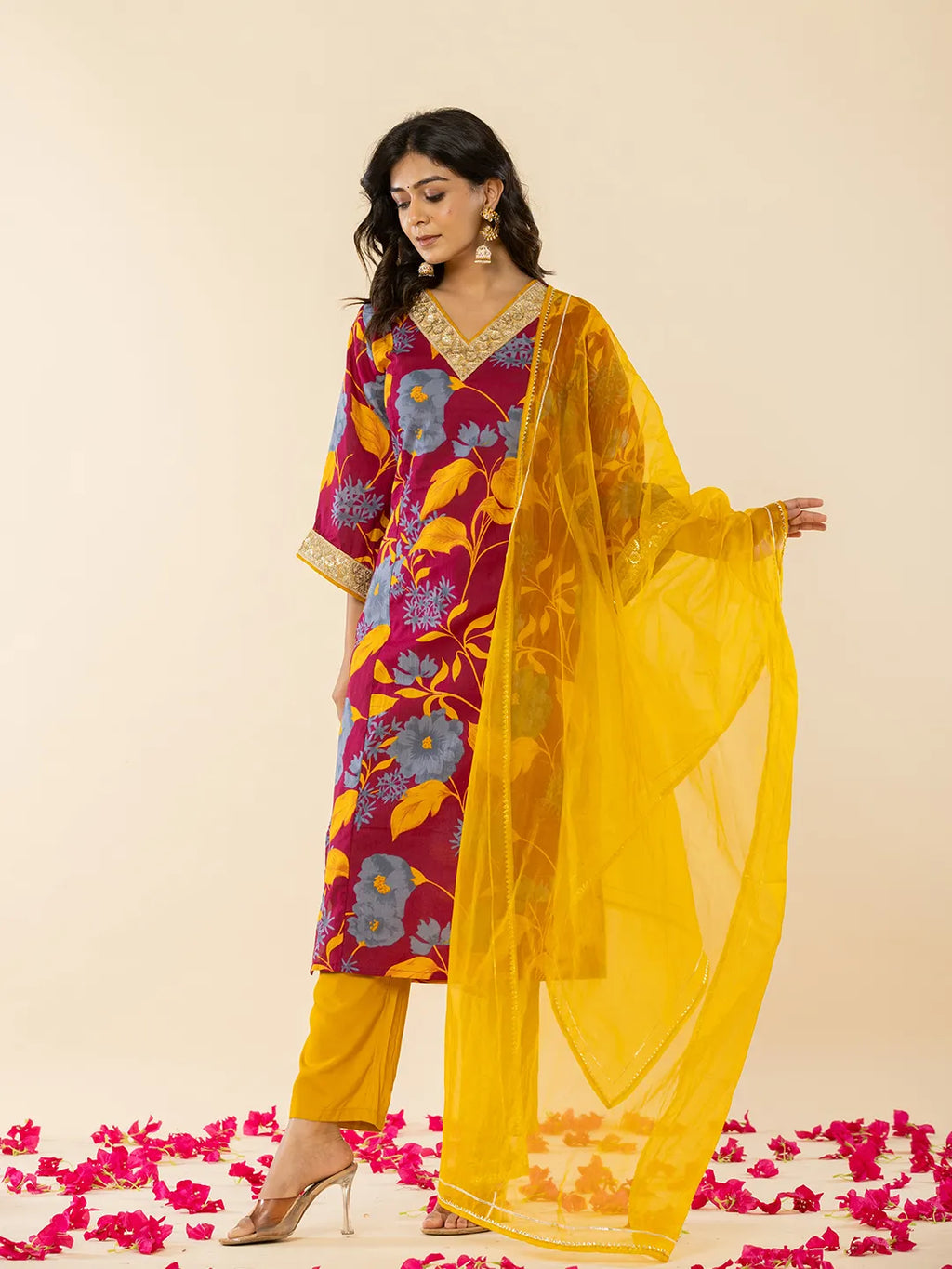 Yufta Cotton Burgundy Kurta Pant Dupatta Set | Grocsy