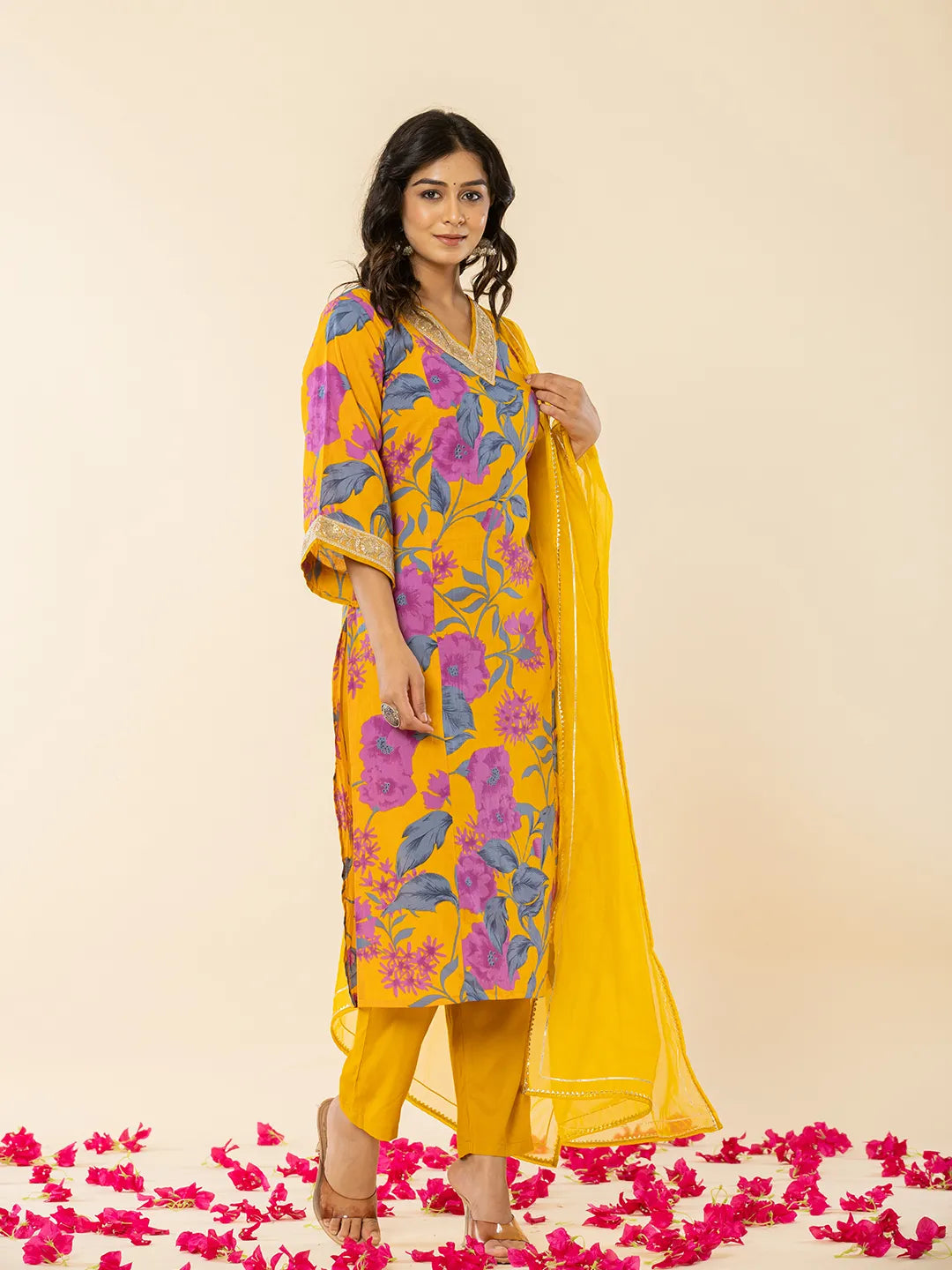 Yufta Cotton Mustard Kurta Pant Dupatta Set | Grocsy