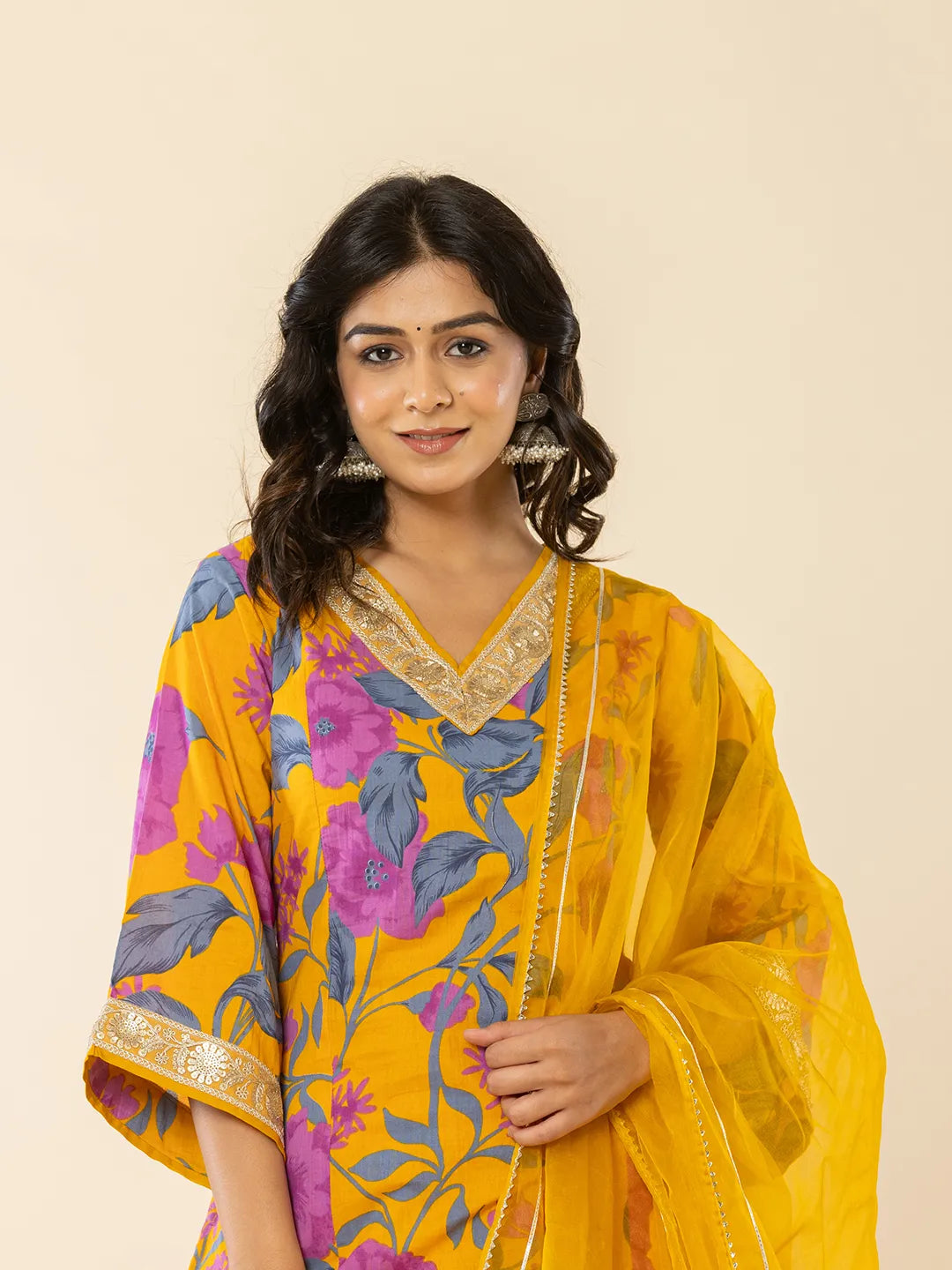 Yufta Cotton Mustard Kurta Pant Dupatta Set | Grocsy
