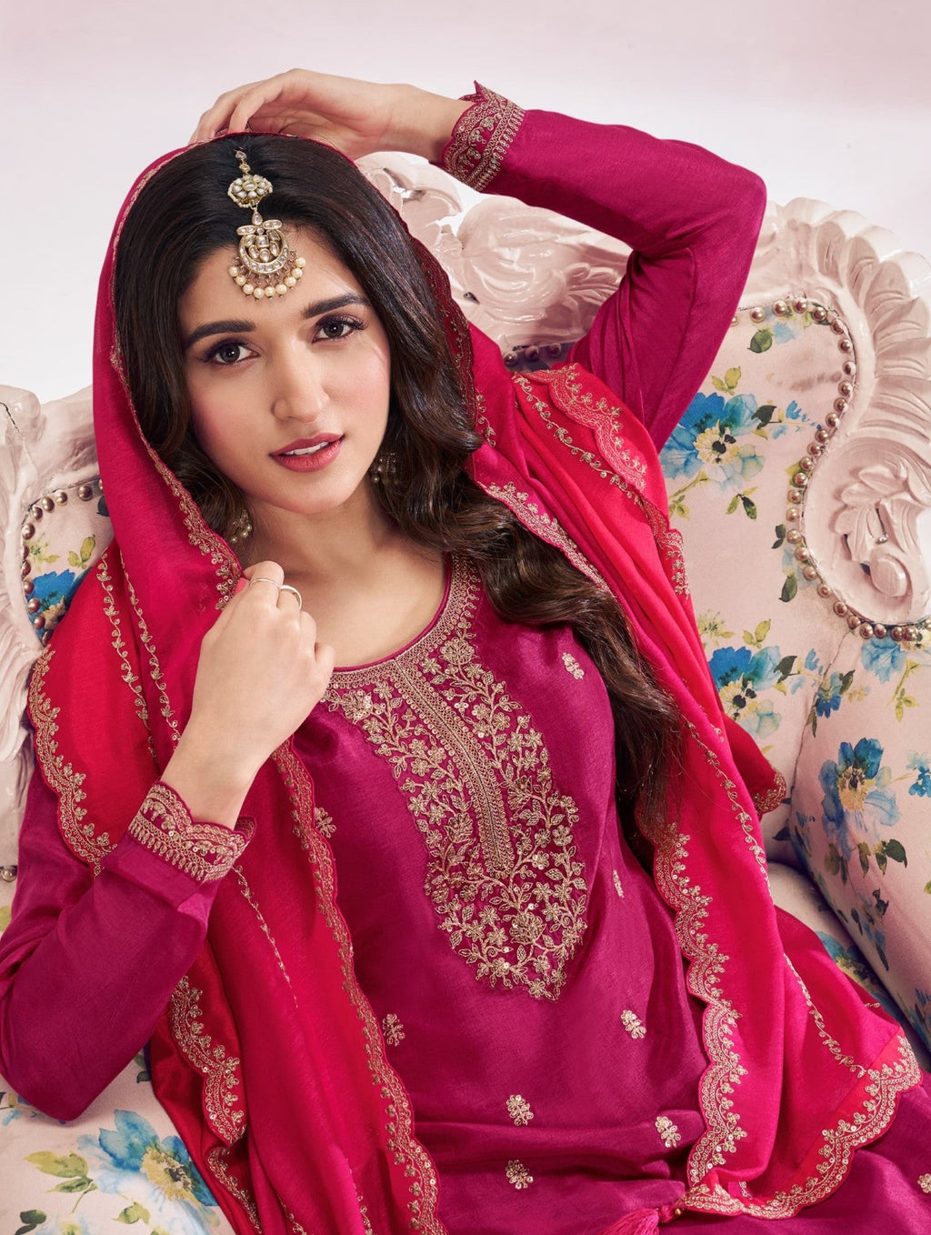 Anaita Pink Premium Embroidered Vichitra Silk Salwar Suit | Grocsy