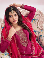 Anaita Pink Premium Embroidered Vichitra Silk Salwar Suit | Grocsy