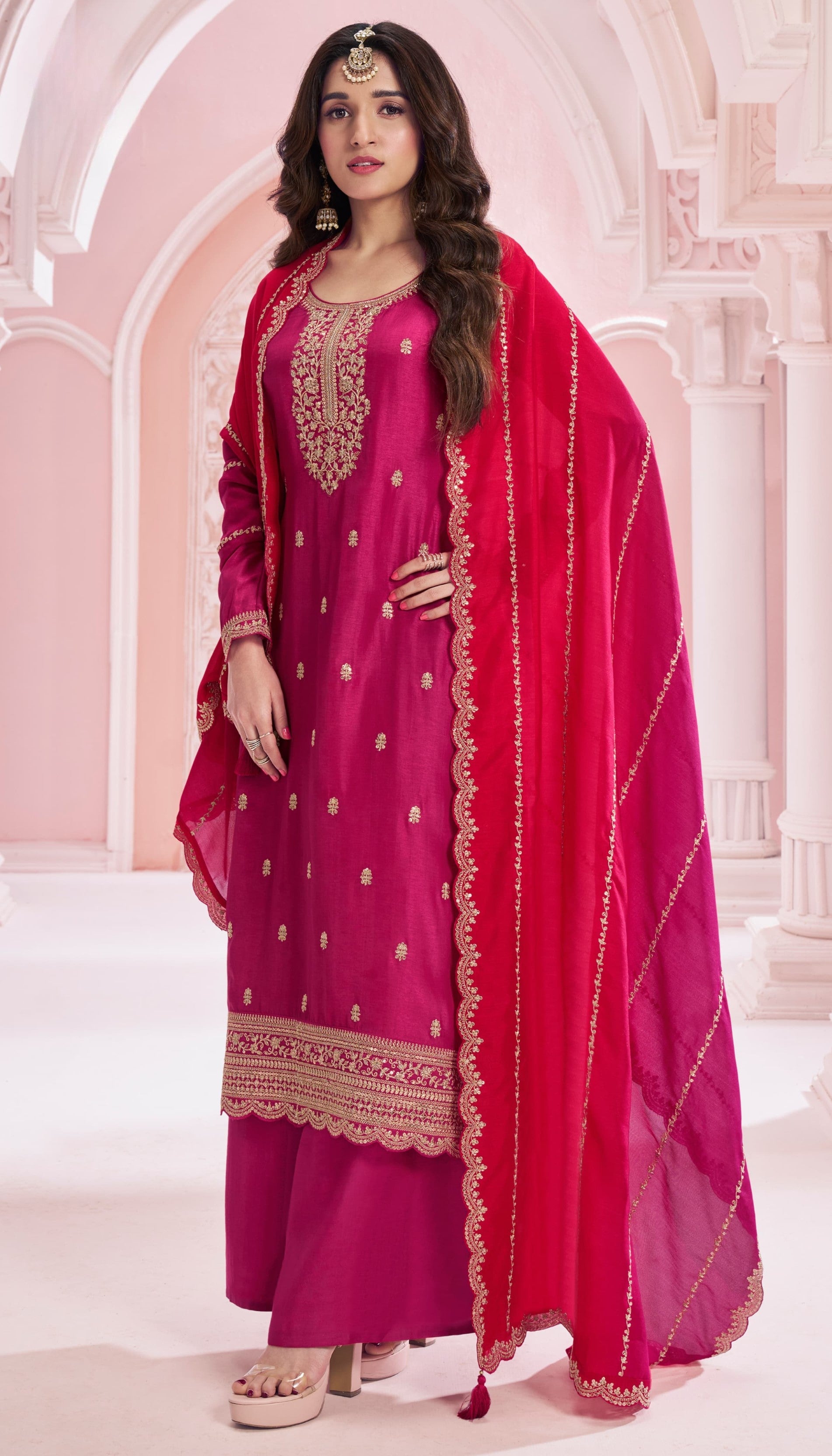 Anaita Pink Premium Embroidered Vichitra Silk Salwar Suit | Grocsy