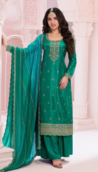 Anaita Green Premium Embroidered Vichitra Silk Salwar Suit | Grocsy