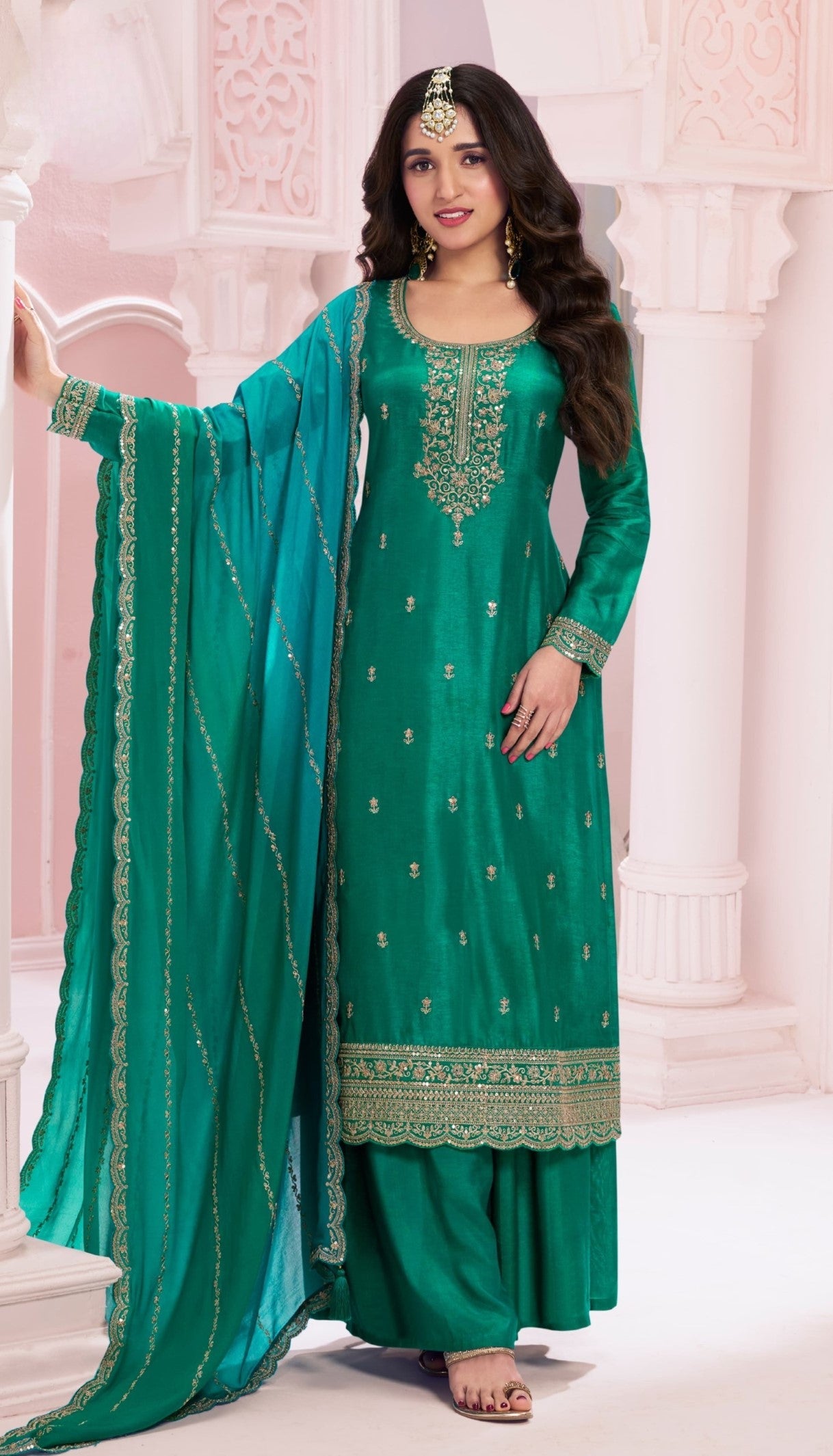 Anaita Green Premium Embroidered Vichitra Silk Salwar Suit | Grocsy