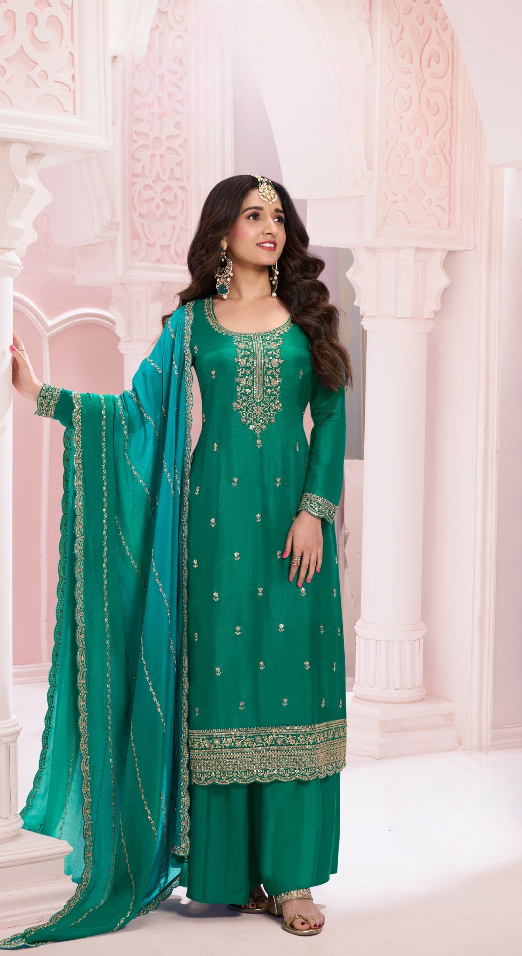 Anaita Green Premium Embroidered Vichitra Silk Salwar Suit | Grocsy
