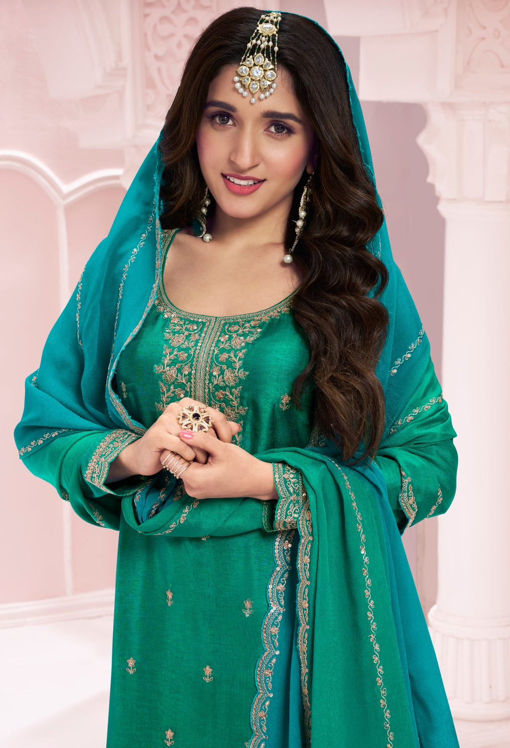 Anaita Green Premium Embroidered Vichitra Silk Salwar Suit | Grocsy