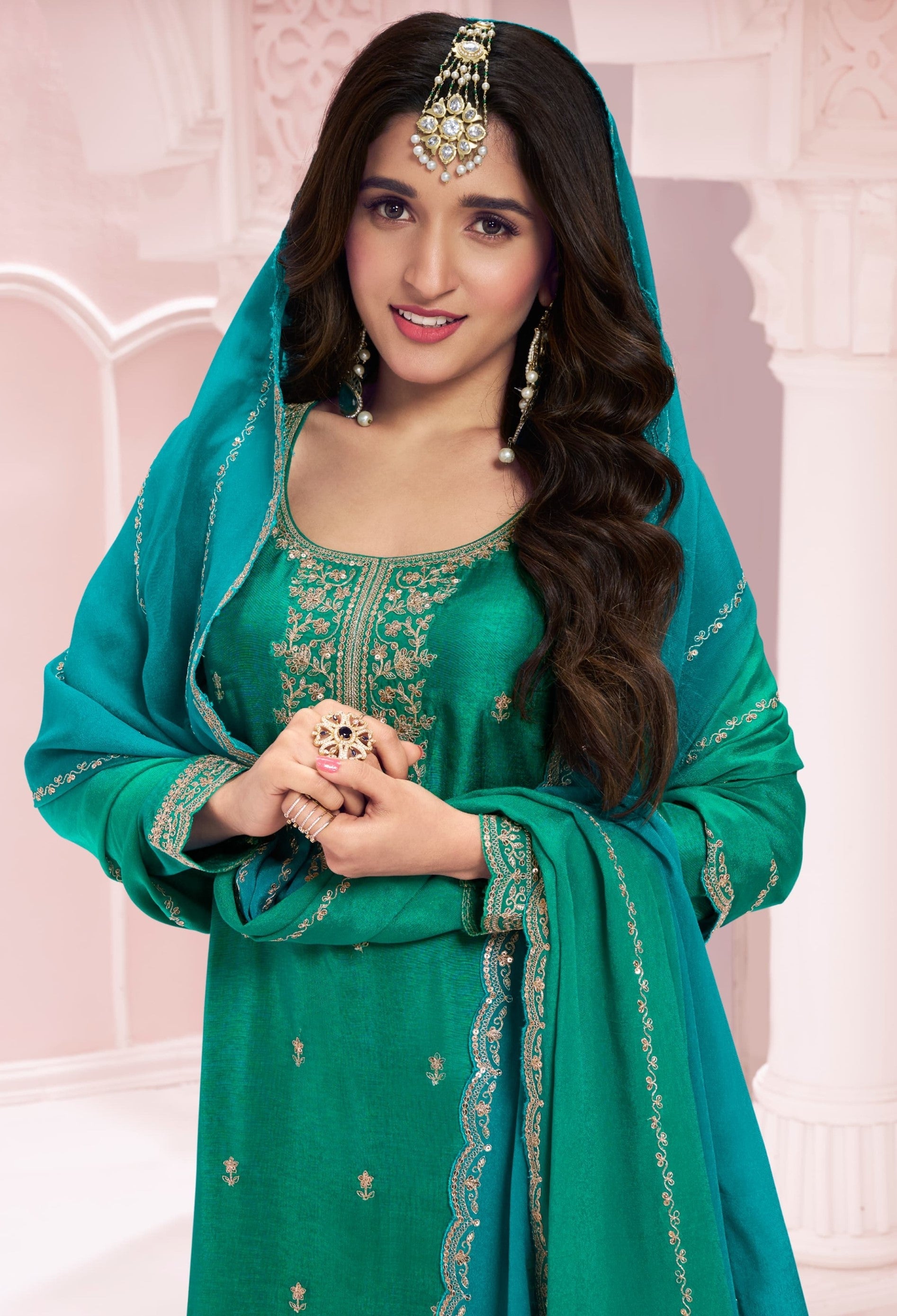 Anaita Green Premium Embroidered Vichitra Silk Salwar Suit | Grocsy