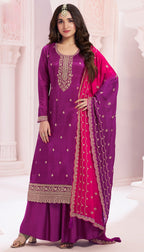 Anaita Purple Premium Embroidered Vichitra Silk Salwar Suit | Grocsy