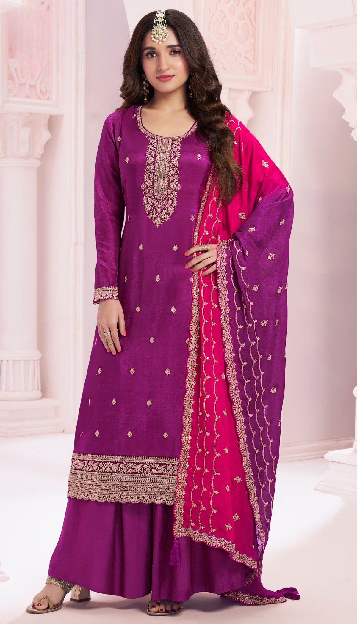 Anaita Purple Premium Embroidered Vichitra Silk Salwar Suit | Grocsy