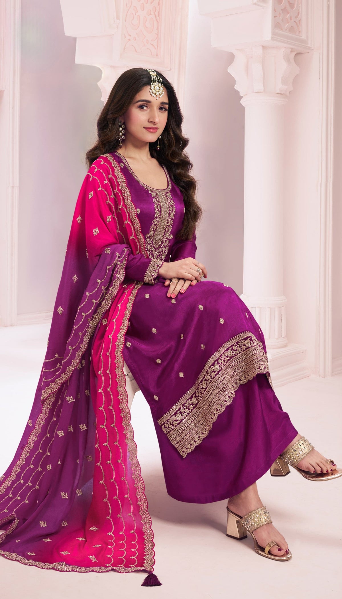 Anaita Purple Premium Embroidered Vichitra Silk Salwar Suit | Grocsy