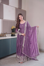 Lorenvalley Fashion Lavender Diamond Silk Embroidery Sequins Work Anarkali Gown with Dupatta | Grocsy