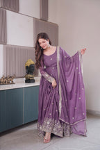 Lorenvalley Fashion Lavender Diamond Silk Embroidery Sequins Work Anarkali Gown with Dupatta | Grocsy