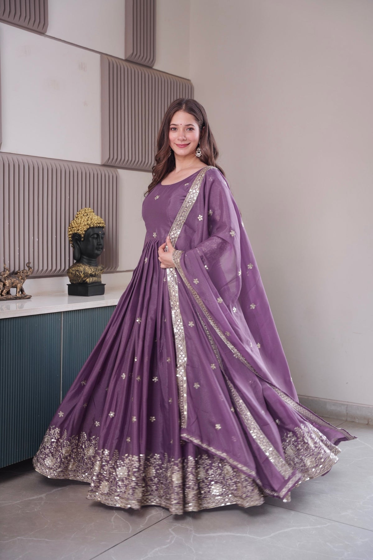 Lorenvalley Fashion Lavender Diamond Silk Embroidery Sequins Work Anarkali Gown with Dupatta | Grocsy