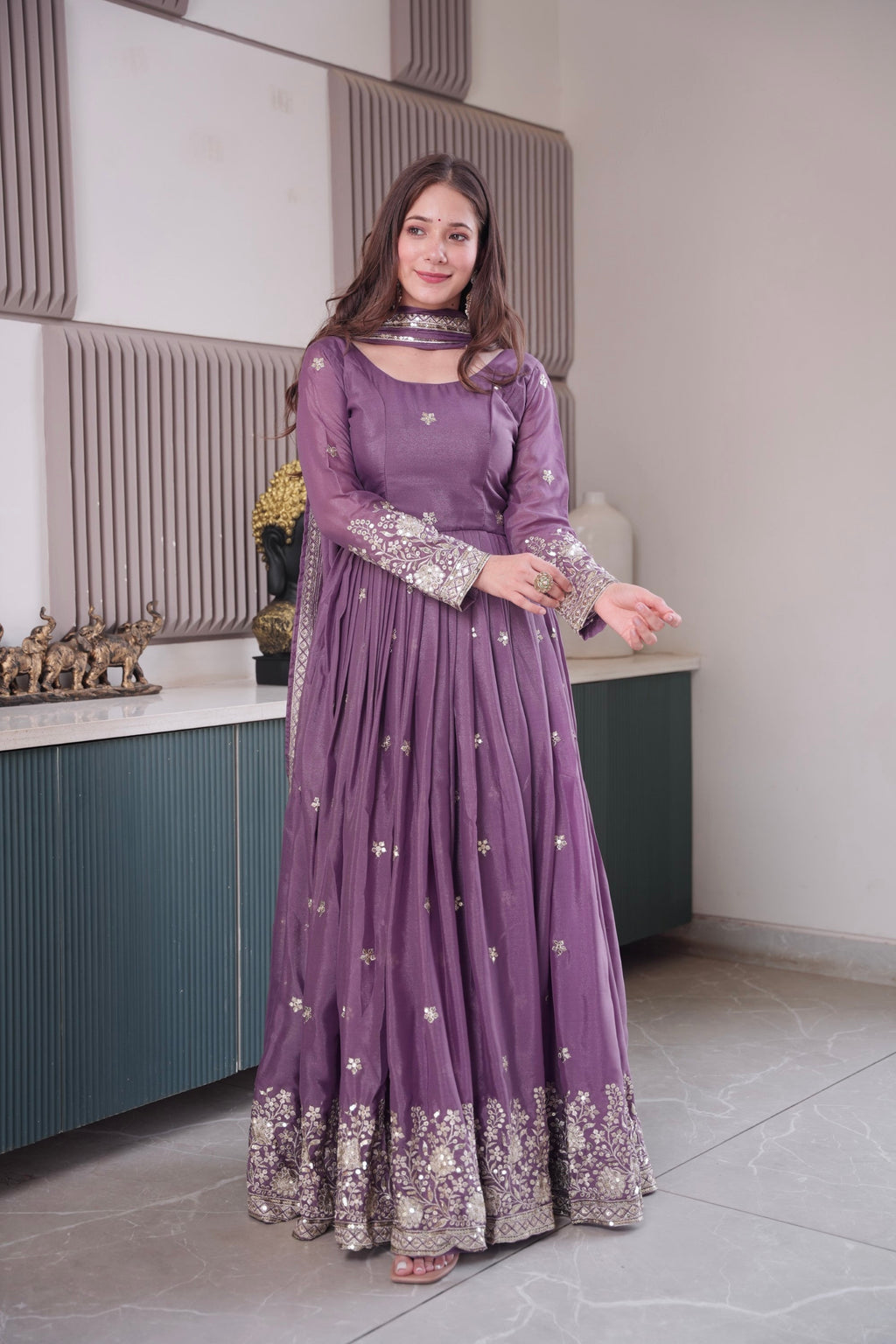 Lorenvalley Fashion Lavender Diamond Silk Embroidery Sequins Work Anarkali Gown with Dupatta | Grocsy